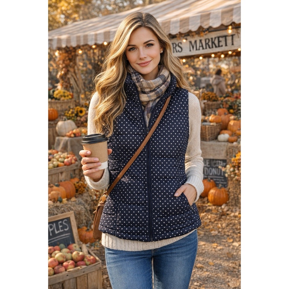 Red Camel Polka Dot Puffer‎ Vest M Navy Quilted Zip Preppy Casual